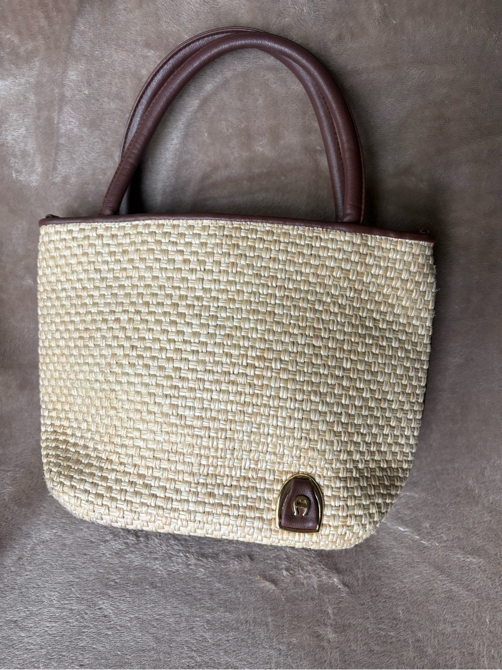 Etienne Aigner Cream Woven Tote with Brown Trim